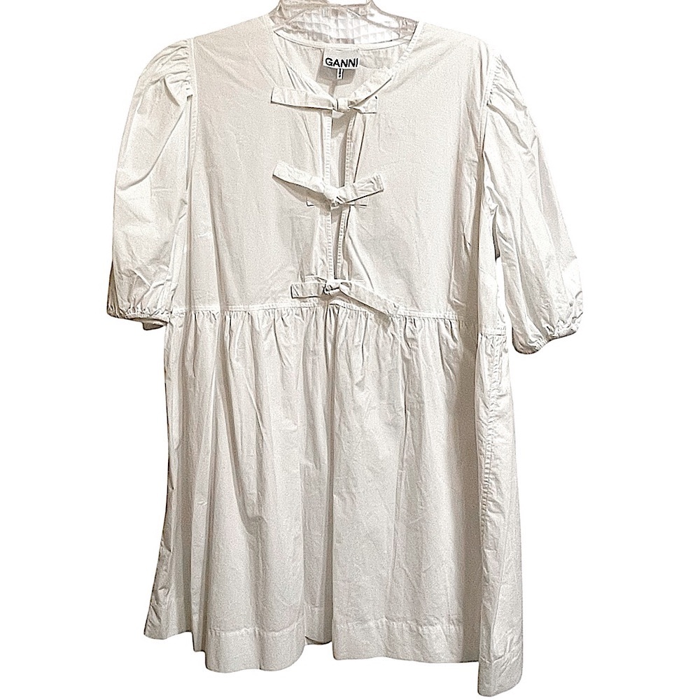 Ganni White Cotton Poplin Tie String Mini Dress Boho Beachy Size 44EU or 14US - Picture 5 of 13